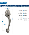 Diagram of Plymouth Orbit Knob Front Entry Handleset Lower Half Satin Chrome, showing dimensions for height, width, depth, and grip.