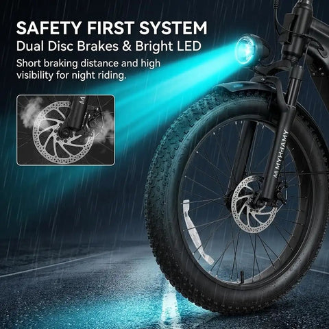 Front wheel of Powerful 2000W Peak Electric Mountain Bike With 864Wh Battery And Step Through Frame Delivers 40 To 80 Mile Range