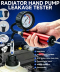 Boss Grade 34 Piece Coolant Pressure Tester Kit With Vacuum Refill Pump Plus Universal Radiator Adapters showing hand pump and gauge.