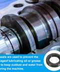 Close-up of nitrile rubber shaft seal used in machinery for preventing oil leakage and ingress of dust and water, ensuring durability.