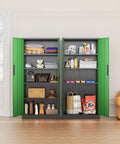 72 Inch Beefy Heavy Duty Metal Garage Storage Cabinet With 2 Locking Doors And 5 Adjustable Shelves 900 Lbs Max Load Rugged Steel Organizer For Home Office Or Workshop Black Green Finish loaded with various household items against a white wall.