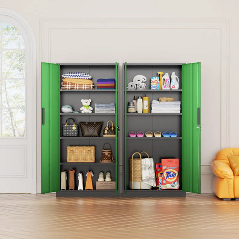 72 Inch Beefy Heavy Duty Metal Garage Storage Cabinet With 2 Locking Doors And 5 Adjustable Shelves 900 Lbs Max Load Rugged Steel Organizer For Home Office Or Workshop Black Green Finish loaded with various household items against a white wall.