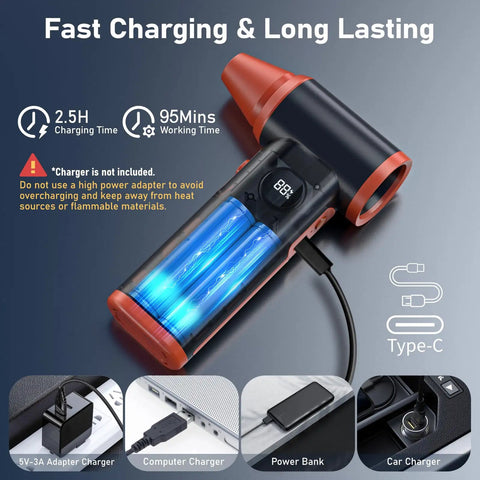 Rechargeable Cordless Air Duster Handheld Blower Up To 130000 RPM with USB charging options shown on the image