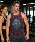 Dope Mens Sleeveless Fitness Vest With Hidden Stash Pocket And Retro Clockwork Graphic on muscular model in gym.