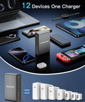 All In One 12 Port Aluminum GaN Charging Station 380W Fast USB C Charger Block With 65W Laptop PD and multiple devices.