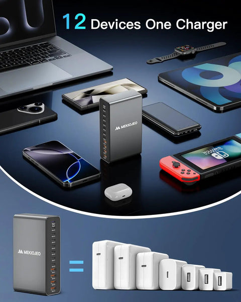 All In One 12 Port Aluminum GaN Charging Station 380W Fast USB C Charger Block With 65W Laptop PD and multiple devices.