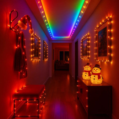 66ft Waterproof LED Rope Lights With Remote Color Changing Fairy String Lights 16 Colors 8 Modes For Indoors Or Outdoors Vibe Decor Patio Garden Party Wedding Halloween Christmas Bedroom Lighting creating a festive hallway ambiance.