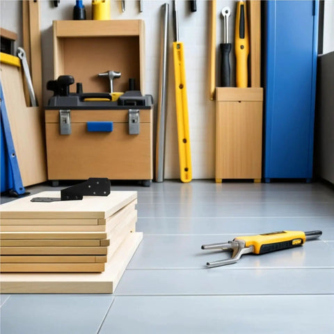 Rafter Ties 20 Pack Flexible Wood Fasteners And Invisible Connectors in workshop with tools and wooden boards on floor