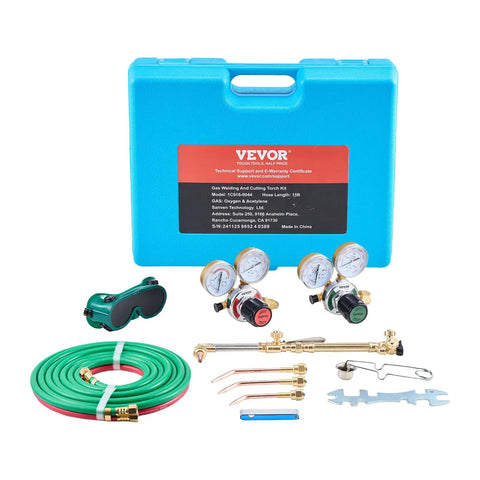 Pro Grade Oxygen Acetylene Welding Torch Kit With 14 Piece Portable Brazing Set showing case, hoses, tips, and goggles.