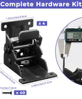 Hefty Duty Folding Brackets Kit Featuring Auto Self Locking Hinges And Forty Screws In Every Four Pack, showing detailed measurements and hardware design.