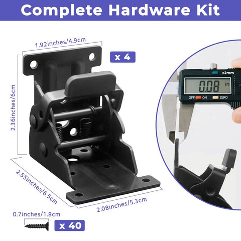 Hefty Duty Folding Brackets Kit Featuring Auto Self Locking Hinges And Forty Screws In Every Four Pack, showing detailed measurements and hardware design.