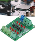Close-up of Optocoupler Isolation Board 24V To 5V PLC Level Voltage Converter Module Four Channel showing ports and components