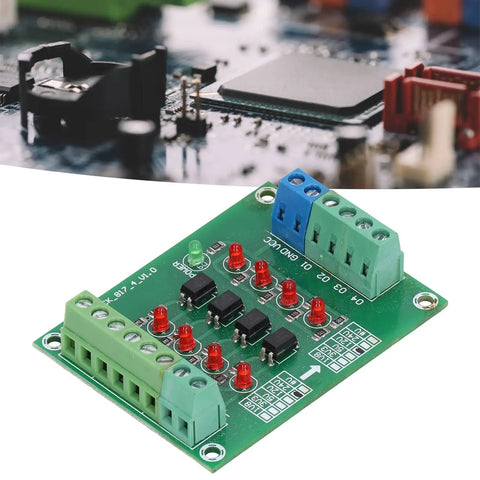 Close-up of Optocoupler Isolation Board 24V To 5V PLC Level Voltage Converter Module Four Channel showing ports and components