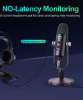 USB Condenser Microphone for PC Mac Phones PS4 PS5 Plug and Play Studio Mic with Mute Button and Noise Reduction shown with headphones
