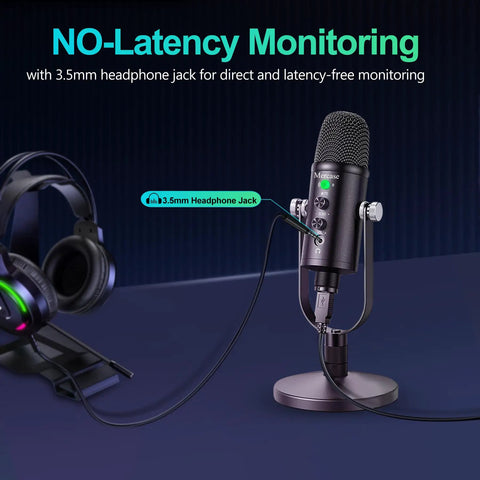 USB Condenser Microphone for PC Mac Phones PS4 PS5 Plug and Play Studio Mic with Mute Button and Noise Reduction shown with headphones