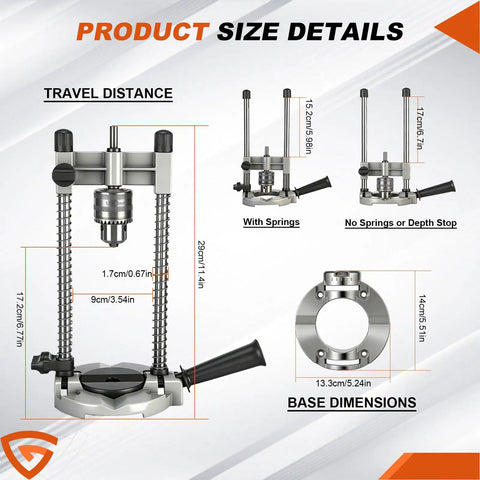 Product size details of Drill Guide Stand For Cordless Drills And More Portable Drill Press Attachment with measurements and components.