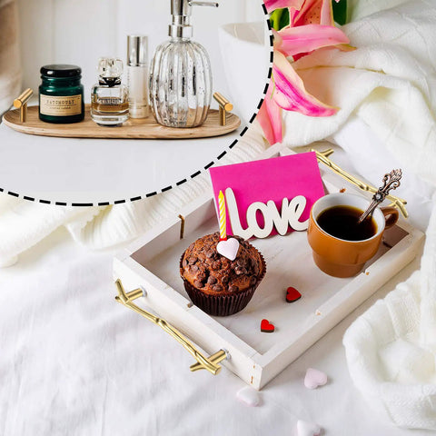 Hella Durable Heavy Duty Stainless Steel Serving Tray Handles Complete Kit With Mounting Screws on a tray with a muffin and coffee.