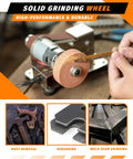 Front view of mini belt sander with brown grinding wheel; sparks fly as metal is ground.