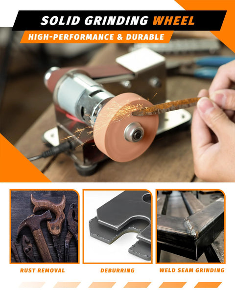 Front view of mini belt sander with brown grinding wheel; sparks fly as metal is ground.