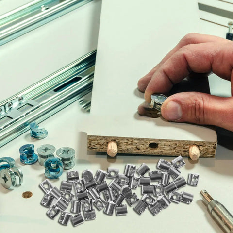 Essential Furniture Bolts And Barrel Nut Kit With M6 Nickel Plated Flat Head Hex Screws in use for wood assembly and repair
