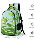 Dewy Mint White Flower Printed Unisex Backpack Dope With Large Capacity Durable Polyester Build Easy To Clean shown with dimensions