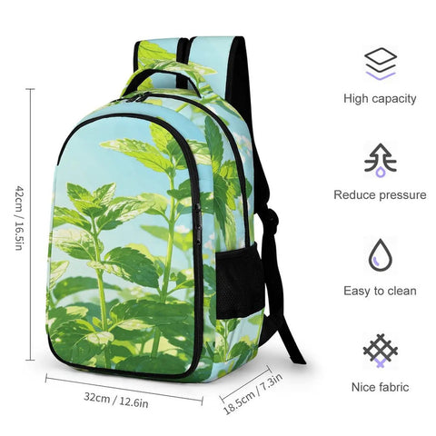 Dewy Mint White Flower Printed Unisex Backpack Dope With Large Capacity Durable Polyester Build Easy To Clean shown with dimensions