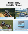 Four images showing the Mini 5 Pro Drone Fly More Combo Plus RC 2 with remote, batteries, and charging hub in field use.