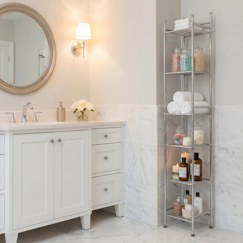 Epic Space Saving Chrome 6 Tier Bathroom Tower Shelf Freestanding Wire Storage Rack For Small Bathrooms 12.6 X 11 Inch Footprint Holds Towels And Toiletries In A Slim Narrow Organizer