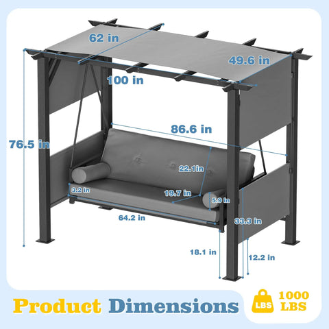 Dimensions of 3 Seat Porch Swing Bed With Stand And Adjustable Canopy For Outdoor Use 2 In 1 Convertible Patio Hammock Chair