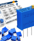 Multiturn Trimmer Potentiometer Kit With Sixty Pieces In Twelve Values From 100 Ohm To 500K Ohm For Precise Circuit Tuning PCB Repair And DIY Electronics Projects For Techies And Hobbyists, showing blue trimmer and kit box.