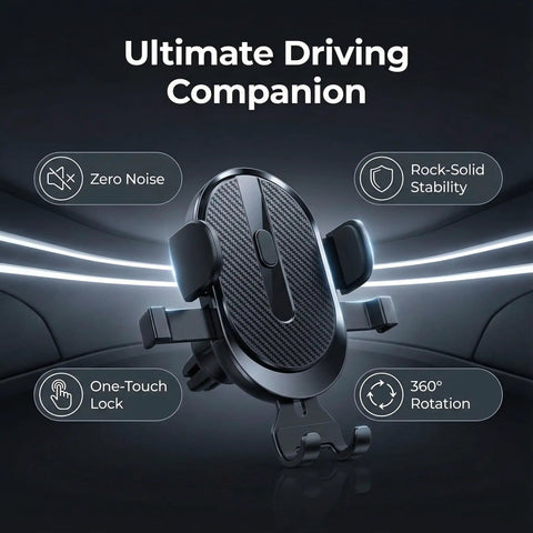 Straight Shooter Air Vent Phone Mount For Car Using Silent Mechanical Latch Reinforced Triangle Frame Holds Tight For Sure On Bumpy Roads with one-touch lock and 360-degree rotation.