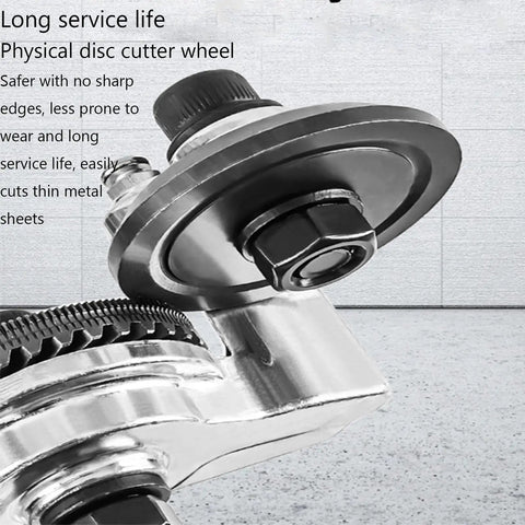 Titanium Drill Nibbler Sheet Metal Cutter Tool Fasten Your Cordless Electric Power Drill Into High Performance Shears close-up of disc cutter wheel.