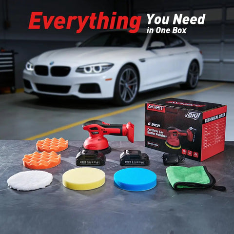 Cordless Car Buffer Polisher Kit With 2x2000mAh 21V Batteries, 6 Inch Waxer Buffer, with attachments, in garage setup