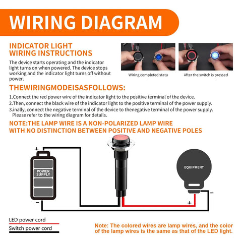 Wiring diagram for 8mm Metal Indicator Light Pack Of 5 110V 120V Red Pilot Lamps with black anodized aluminum housing IP67 waterproof.