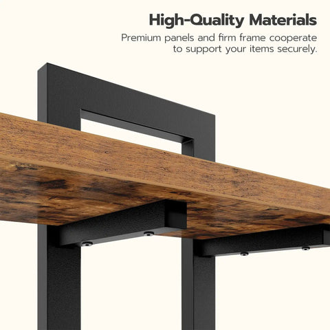 Close-up of Heavy Duty Floating Wall Shelves 15 Inch 2 Tier Set 2 Rustic Brown Black solid wood construction and metal frame.