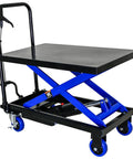 Heavy Duty Hydraulic Lift Trolley With Smooth Rolling Locking Wheels And Rock Solid 500 Pound Capacity For Shop Garage Or Warehouse Heavy Hauling Gear, with black steel deck and blue frame.