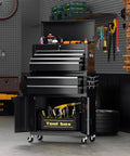 Eight Drawer Rolling Tool Chest With Locking Detachable Cabinet Built Tough Heavy Duty Steel Tool Cart On Wheels With Liner And Hooks Garage Ready For Workshop Or Warehouse Durable Black Finish displayed in garage setting.