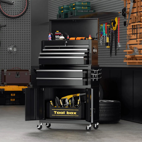 Eight Drawer Rolling Tool Chest With Locking Detachable Cabinet Built Tough Heavy Duty Steel Tool Cart On Wheels With Liner And Hooks Garage Ready For Workshop Or Warehouse Durable Black Finish displayed in garage setting.