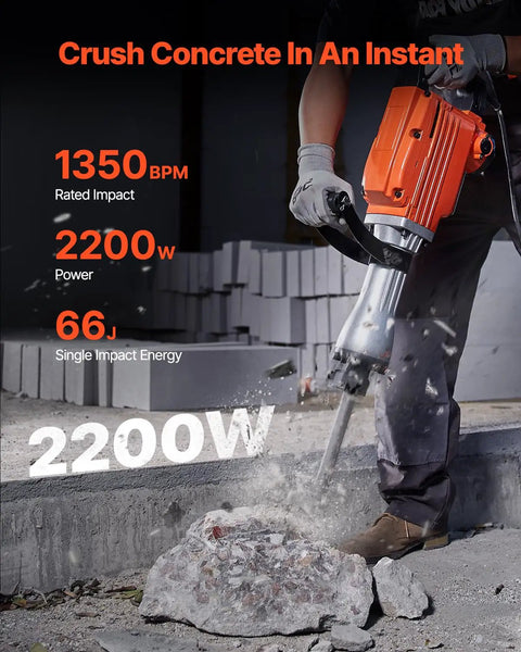 Beefy Heavy Duty Demolition Jack Hammer 2200W Electric Concrete Breaker shown in use breaking concrete, highlighting power and performance.