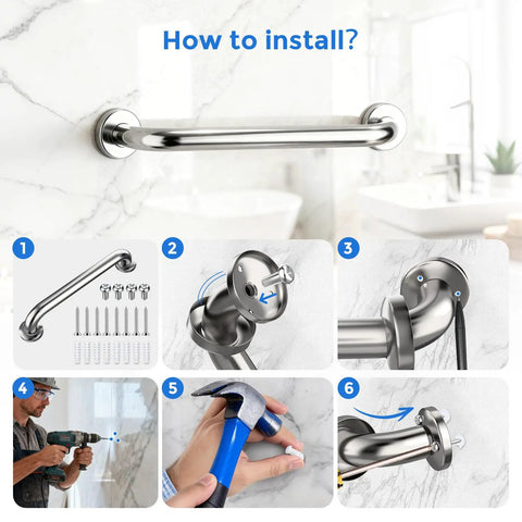 Two Pack 12 Inch Stainless Steel Shower Grab Bars For Safe Bathing And Easy Mobility installation guide shown on white background