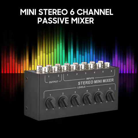 Black Six Channel Passive Stereo Mixer With RCA Inputs And Two Channel Output against colorful sound wave background