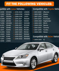 Vehicle compatibility chart for Beefed Up Aluminum Oil Filter Housing Cap Assembly Kit 6061 T6 Billet Aluminum Construction Leakproof Seal Rugged Replacement For Fragile OEM Plastic Caps Easy Install For Long Lasting Oil Changes showing Lexus, Toyota, and Scion cars alongside a silver car image.