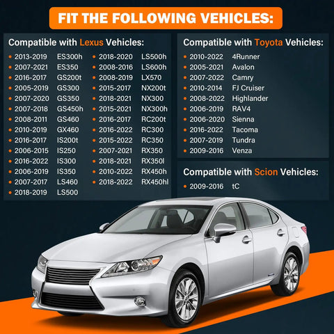 Vehicle compatibility chart for Beefed Up Aluminum Oil Filter Housing Cap Assembly Kit 6061 T6 Billet Aluminum Construction Leakproof Seal Rugged Replacement For Fragile OEM Plastic Caps Easy Install For Long Lasting Oil Changes showing Lexus, Toyota, and Scion cars alongside a silver car image.