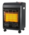 Black Indoor Outdoor Propane Heater 6000 To 18000 BTU With 3 Modes ODS And Tip Over Protection on wheels with visible mesh design