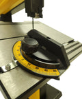 Pro Grade 9 Inch Benchtop Band Saw With 3.5 Amp Motor And Dual Speed Settings At 1700 And 2500 SPM showing adjustable angle dial.