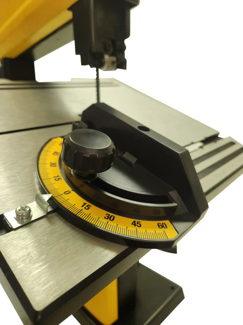 Pro Grade 9 Inch Benchtop Band Saw With 3.5 Amp Motor And Dual Speed Settings At 1700 And 2500 SPM showing adjustable angle dial.