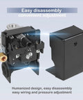 Pressure Switch With Unloader 135 To 175 PSI for air compressors, showcasing easy disassembly and adjustment features.