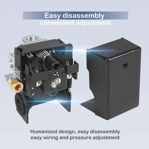 Pressure Switch With Unloader 135 To 175 PSI for air compressors, showcasing easy disassembly and adjustment features.