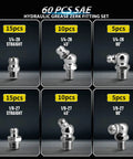 Beefy Pro Grade Heavy Duty 60 Piece Galvanized Steel Grease Fittings Set With SAE Quarter Inch And Eighth Inch Zerks Displayed