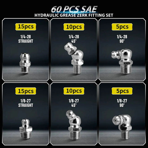 Beefy Pro Grade Heavy Duty 60 Piece Galvanized Steel Grease Fittings Set With SAE Quarter Inch And Eighth Inch Zerks Displayed